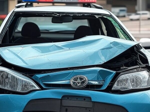 Viatura oficial brasileira acidentada em rua urbana, simbolizando indenizações estatais e sobrecarga financeira pública.