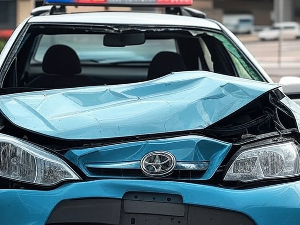 Viatura oficial brasileira acidentada em rua urbana, simbolizando indenizações estatais e sobrecarga financeira pública.