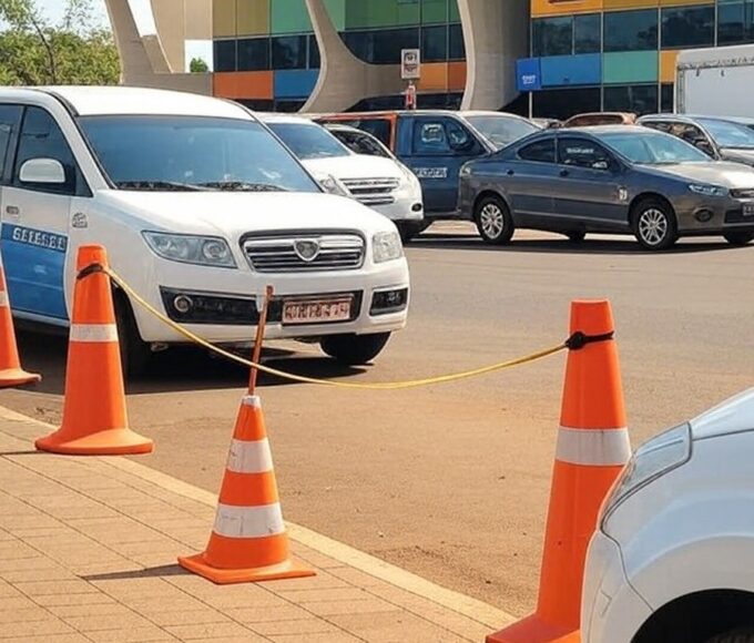 Viaturas do Detran-DF em rua de Brasília com placas de educação no trânsito.