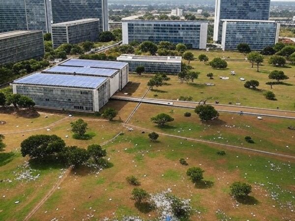 Vista da Esplanada dos Ministérios em Brasília simbolizando metas sociais e questionamentos sobre sustentabilidade no DF.
