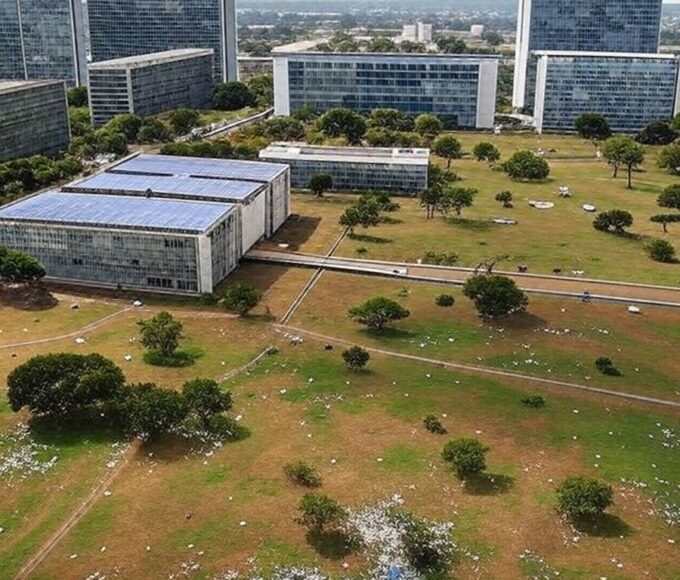 Vista da Esplanada dos Ministérios em Brasília simbolizando metas sociais e questionamentos sobre sustentabilidade no DF.