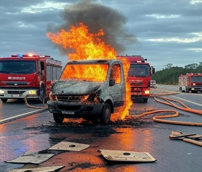 Van incendiada na DF-130 em Planaltina, com bombeiros e falhas em segurança viária no Distrito Federal.