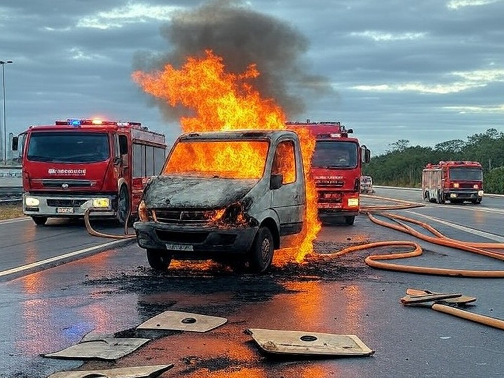 Van incendiada na DF-130 em Planaltina, com bombeiros e falhas em segurança viária no Distrito Federal.