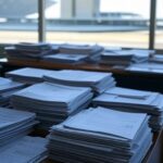 Edifícios governamentais em Brasília com pilhas de documentos, representando burocracia no Programa Acolhe DF.