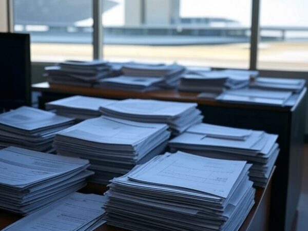 Edifícios governamentais em Brasília com pilhas de documentos, representando burocracia no Programa Acolhe DF.