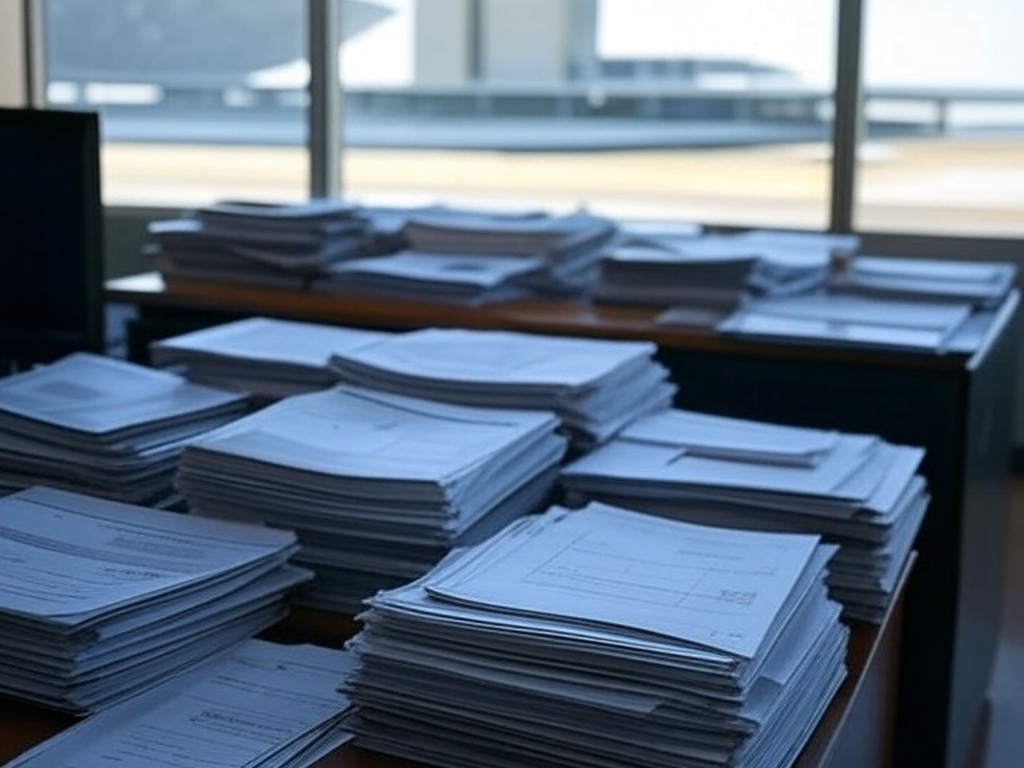 Edifícios governamentais em Brasília com pilhas de documentos, representando burocracia no Programa Acolhe DF.