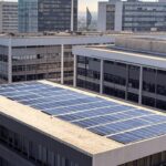 Paisagem urbana em Brasília com painéis solares em edifícios modernos, representando sustentabilidade no Brasil.