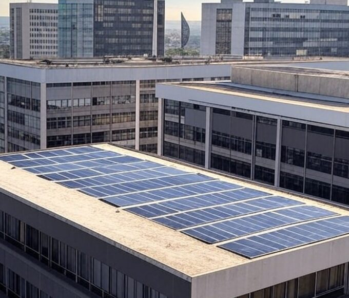 Paisagem urbana em Brasília com painéis solares em edifícios modernos, representando sustentabilidade no Brasil.