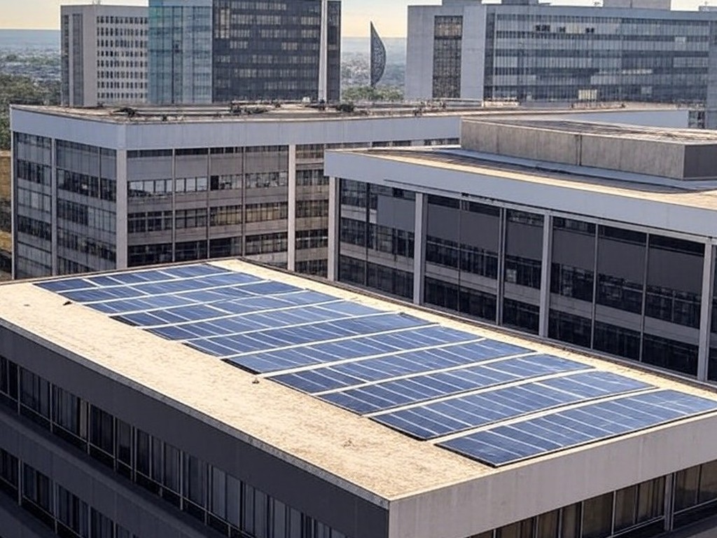 Paisagem urbana em Brasília com painéis solares em edifícios modernos, representando sustentabilidade no Brasil.