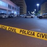 Cena de crime isolada por fita policial em rua de Brasília, com viaturas da Polícia Civil do DF, representando confissão de assassinato.