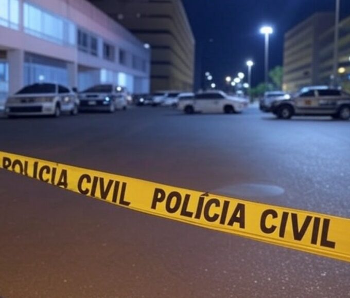 Cena de crime isolada por fita policial em rua de Brasília, com viaturas da Polícia Civil do DF, representando confissão de assassinato.