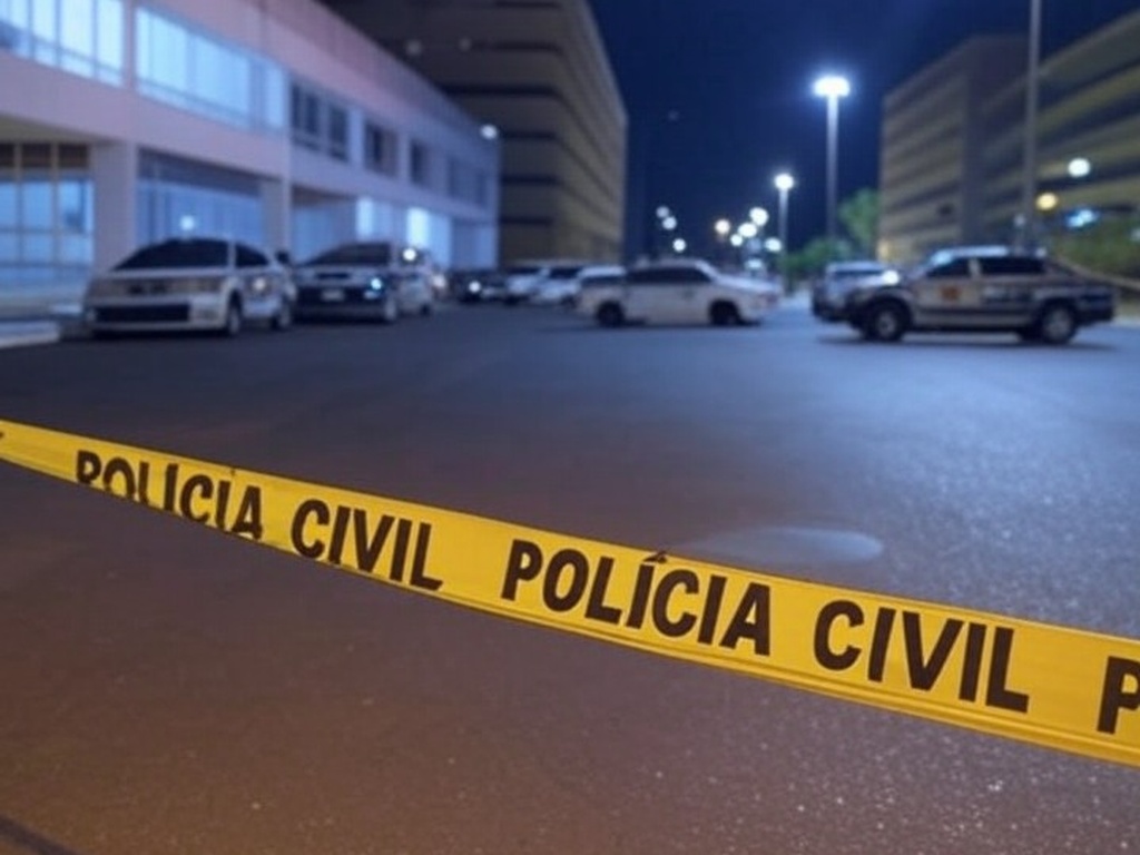 Cena de crime isolada por fita policial em rua de Brasília, com viaturas da Polícia Civil do DF, representando confissão de assassinato.