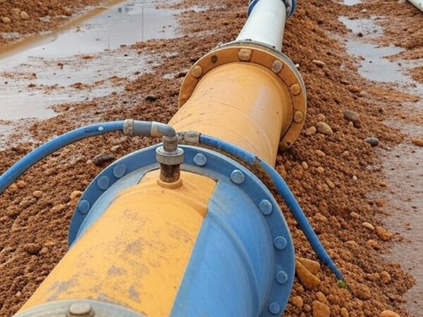 Tubulações de água danificadas na Asa Norte, Brasília, expondo falhas no abastecimento que afetam Senado e Presidência.