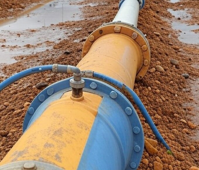 Tubulações de água danificadas na Asa Norte, Brasília, expondo falhas no abastecimento que afetam Senado e Presidência.