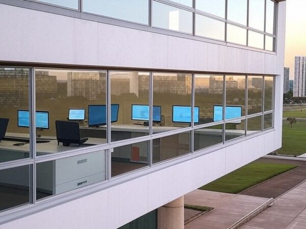 Edifício moderno em Brasília com telas digitais, representando expansão do Pró-Jovem Digital e críticas à empregabilidade juvenil no DF.