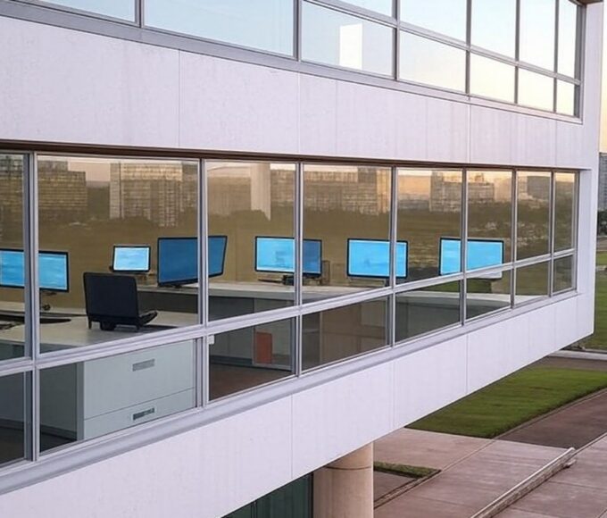 Edifício moderno em Brasília com telas digitais, representando expansão do Pró-Jovem Digital e críticas à empregabilidade juvenil no DF.