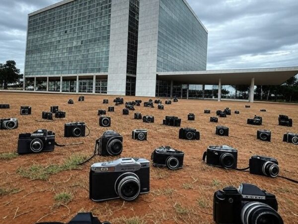 Fachada da CLDF em Brasília com câmera abandonada, representando frustração no concurso Brasília Sob Lentes.