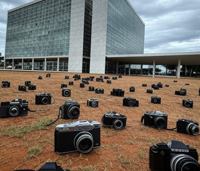 Fachada da CLDF em Brasília com câmera abandonada, representando frustração no concurso Brasília Sob Lentes.
