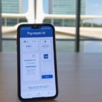 Smartphone com alerta de golpe online de roubo de pagamentos da Caesb no Distrito Federal, ao fundo Esplanada dos Ministérios em Brasília.