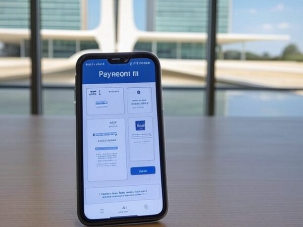 Smartphone com alerta de golpe online de roubo de pagamentos da Caesb no Distrito Federal, ao fundo Esplanada dos Ministérios em Brasília.