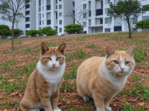 Condomínio residencial em Brasília com animais de rua ao redor, ilustrando tensões entre protetores e regras condominiais.