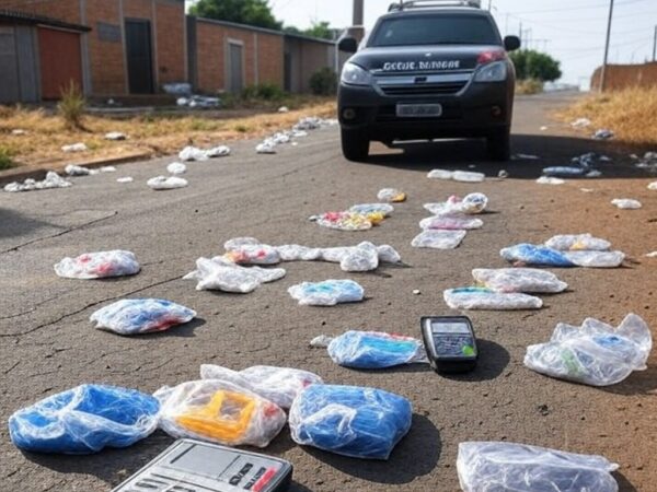 Rua em Ceilândia com viatura policial, pacotes suspeitos e máquinas de cartão, ilustrando falhas no combate ao tráfico de drogas.