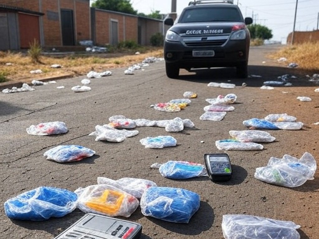 Rua em Ceilândia com viatura policial, pacotes suspeitos e máquinas de cartão, ilustrando falhas no combate ao tráfico de drogas.