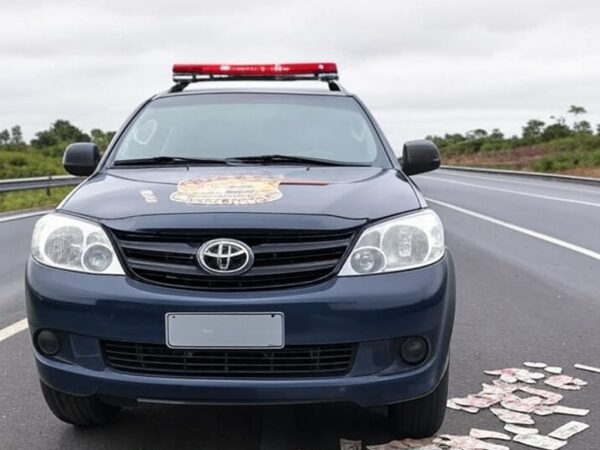 Viatura da PRF na BR-020 com pacotes de dinheiro apreendido, destacando brechas na fiscalização rodoviária no Brasil.