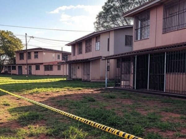 Condomínio em Planaltina com fita de cena de crime, expondo falhas na proteção familiar no Brasil.