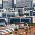 Vista de edifícios comerciais em Brasília representando avanços em governança e desafios econômicos no comércio do DF.