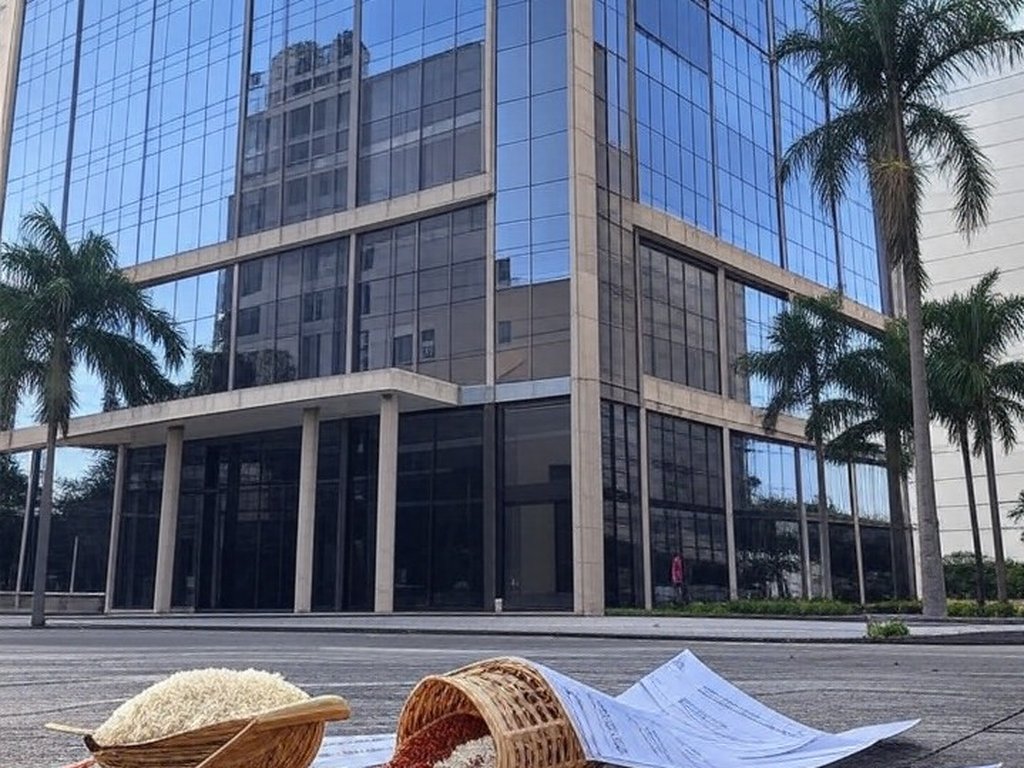 Prédio de banco no Brasil com cesta básica derrubada e documentos rasgados, representando anulação de empréstimos por golpe contra aposentados.