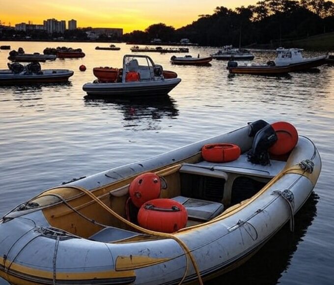 Imagem do Lago Paranoá com barcos de resgate dos bombeiros brasileiros em cena de afogamento.