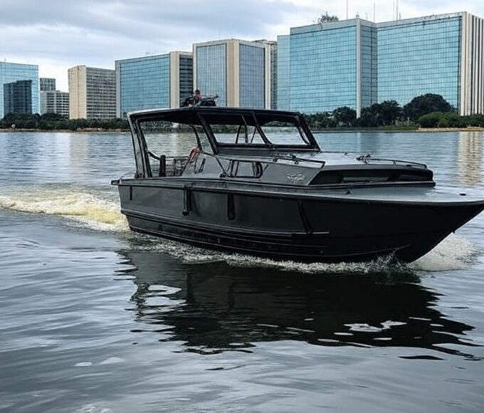 Barco dos bombeiros no Lago Paranoá durante operação de resgate em Brasília.