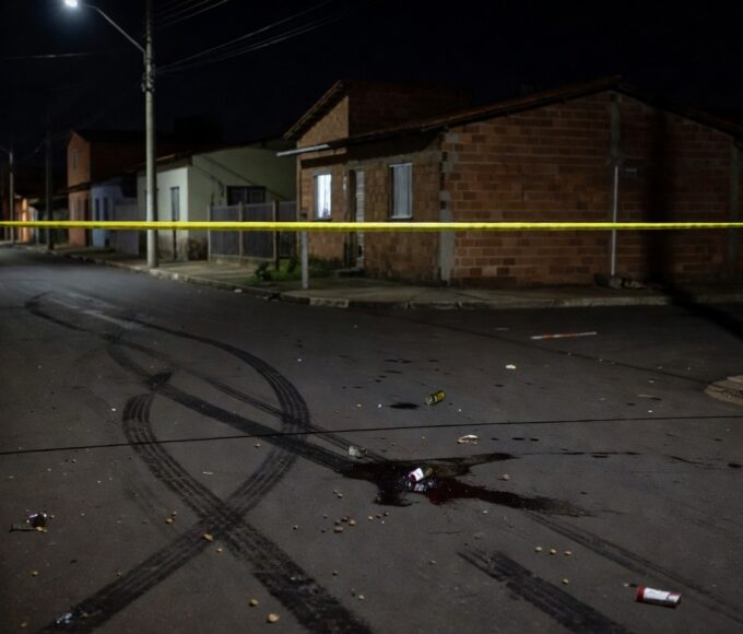 Rua em Sobradinho com fita de isolamento policial, indicando cena de briga fatal envolvendo jovem de 19 anos.