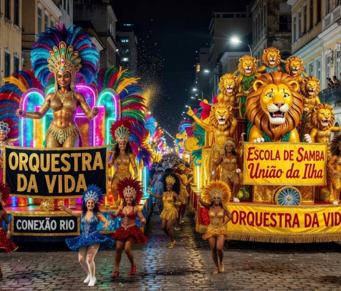 Desfile de carnaval no Rio de Janeiro com alegorias coloridas, representando polêmica sobre homenagem política.