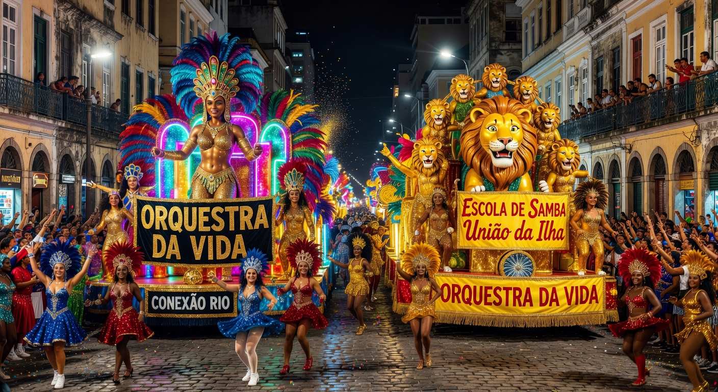 Desfile de carnaval no Rio de Janeiro com alegorias coloridas, representando polêmica sobre homenagem política.