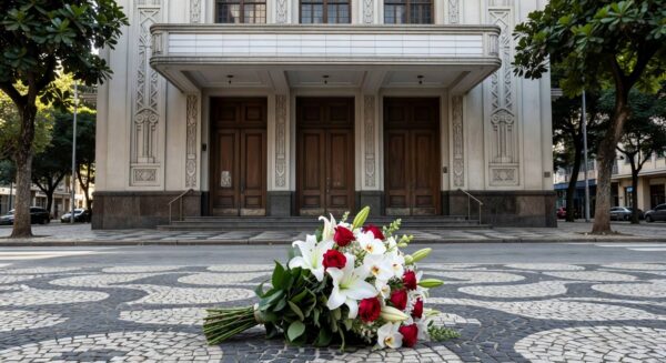 Buquê de flores em frente a cinema clássico no Rio de Janeiro, simbolizando luto pela morte do ator Robert Duvall, vencedor do Oscar e ícone de O Poderoso Chefão.
