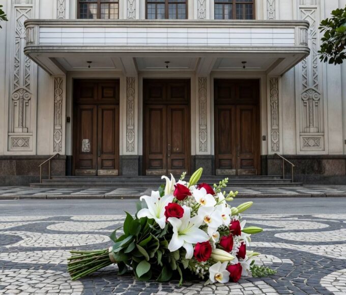 Buquê de flores em frente a cinema clássico no Rio de Janeiro, simbolizando luto pela morte do ator Robert Duvall, vencedor do Oscar e ícone de O Poderoso Chefão.