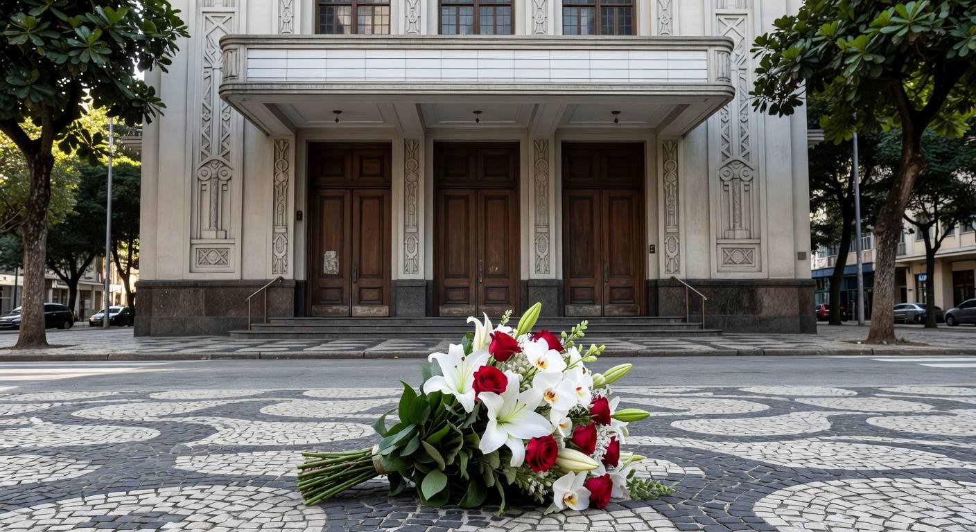 Buquê de flores em frente a cinema clássico no Rio de Janeiro, simbolizando luto pela morte do ator Robert Duvall, vencedor do Oscar e ícone de O Poderoso Chefão.