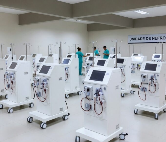 Sala de nefrologia com máquinas de hemodiálise novas no Hospital de Taguatinga, Distrito Federal.