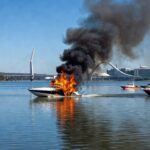 Lancha pegando fogo no Lago Paranoá, em Brasília, com chamas e fumaça, em estilo fotojornalístico realista.