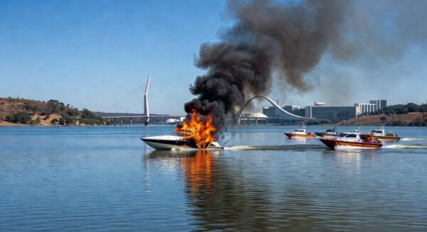 Lancha pegando fogo no Lago Paranoá, em Brasília, com chamas e fumaça, em estilo fotojornalístico realista.