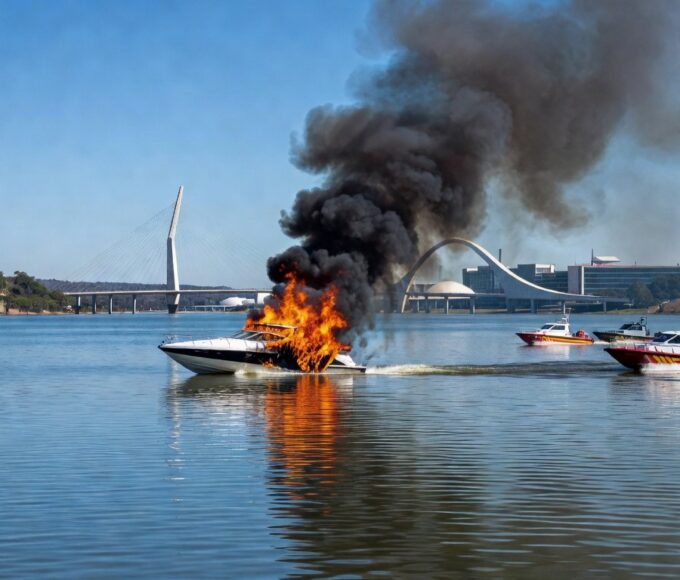 Lancha pegando fogo no Lago Paranoá, em Brasília, com chamas e fumaça, em estilo fotojornalístico realista.