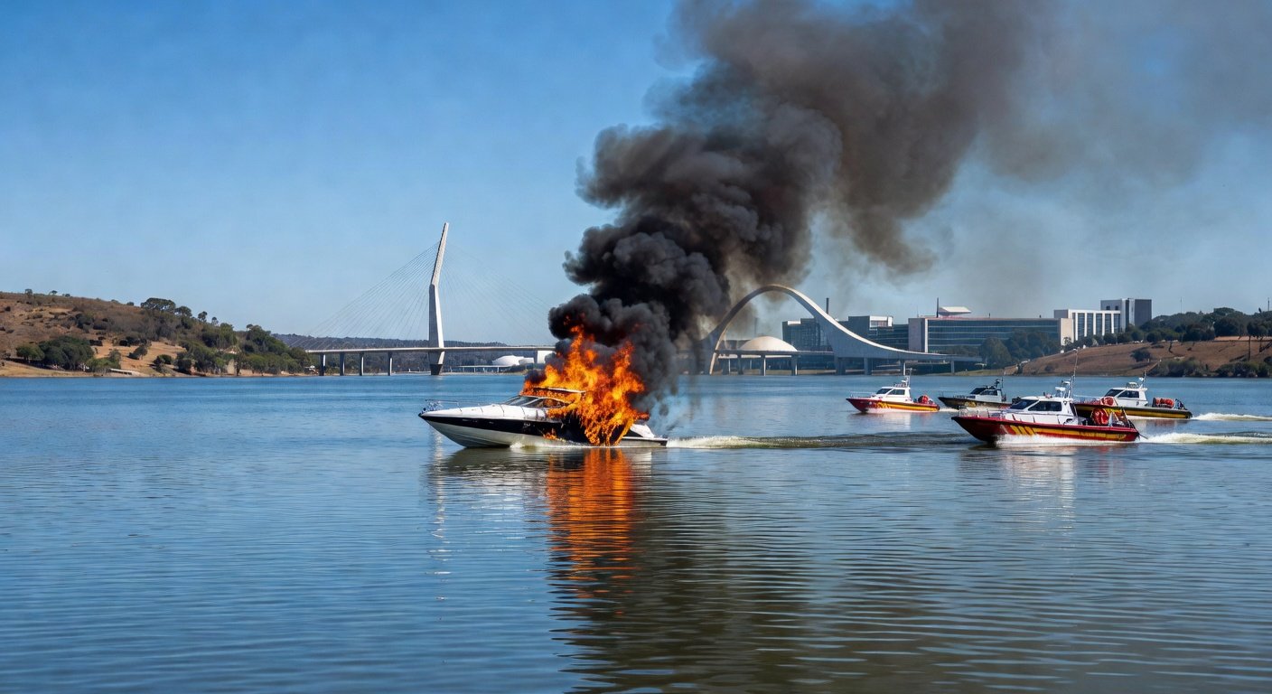 Lancha pegando fogo no Lago Paranoá, em Brasília, com chamas e fumaça, em estilo fotojornalístico realista.