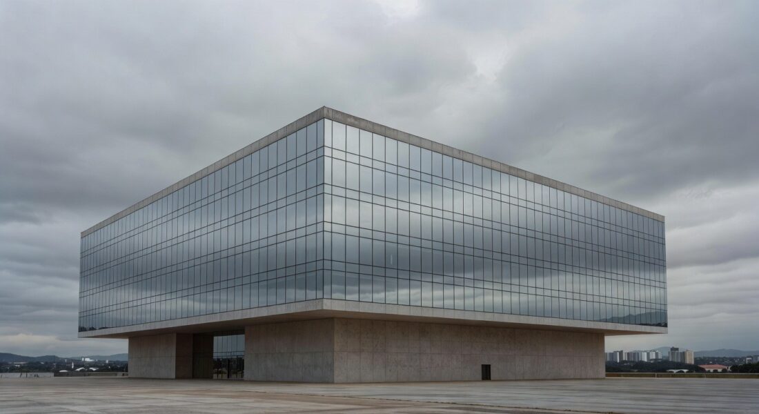 Edifício da CLDF em Brasília com grades danificadas sob chuva, expondo falhas na proteção a mulheres e idosos no DF.
