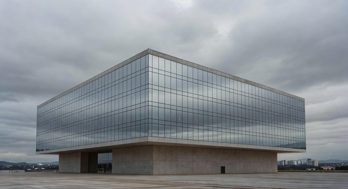 Edifício da CLDF em Brasília com grades danificadas sob chuva, expondo falhas na proteção a mulheres e idosos no DF.
