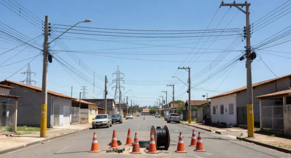 Postes de eletricidade em rua residencial no Paranoá, indicando manutenção programada de energia.