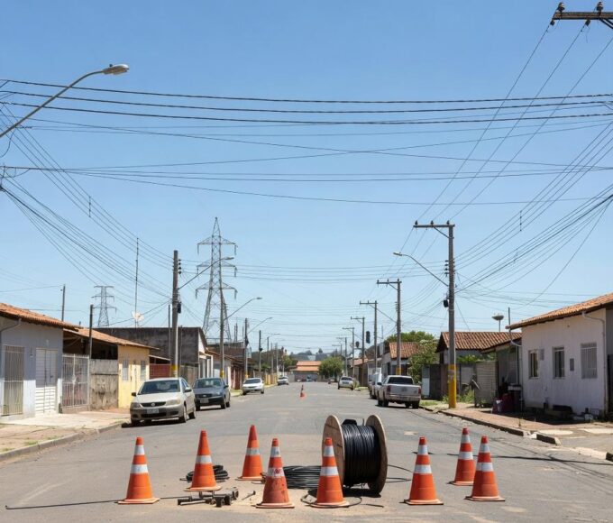 Postes de eletricidade em rua residencial no Paranoá, indicando manutenção programada de energia.