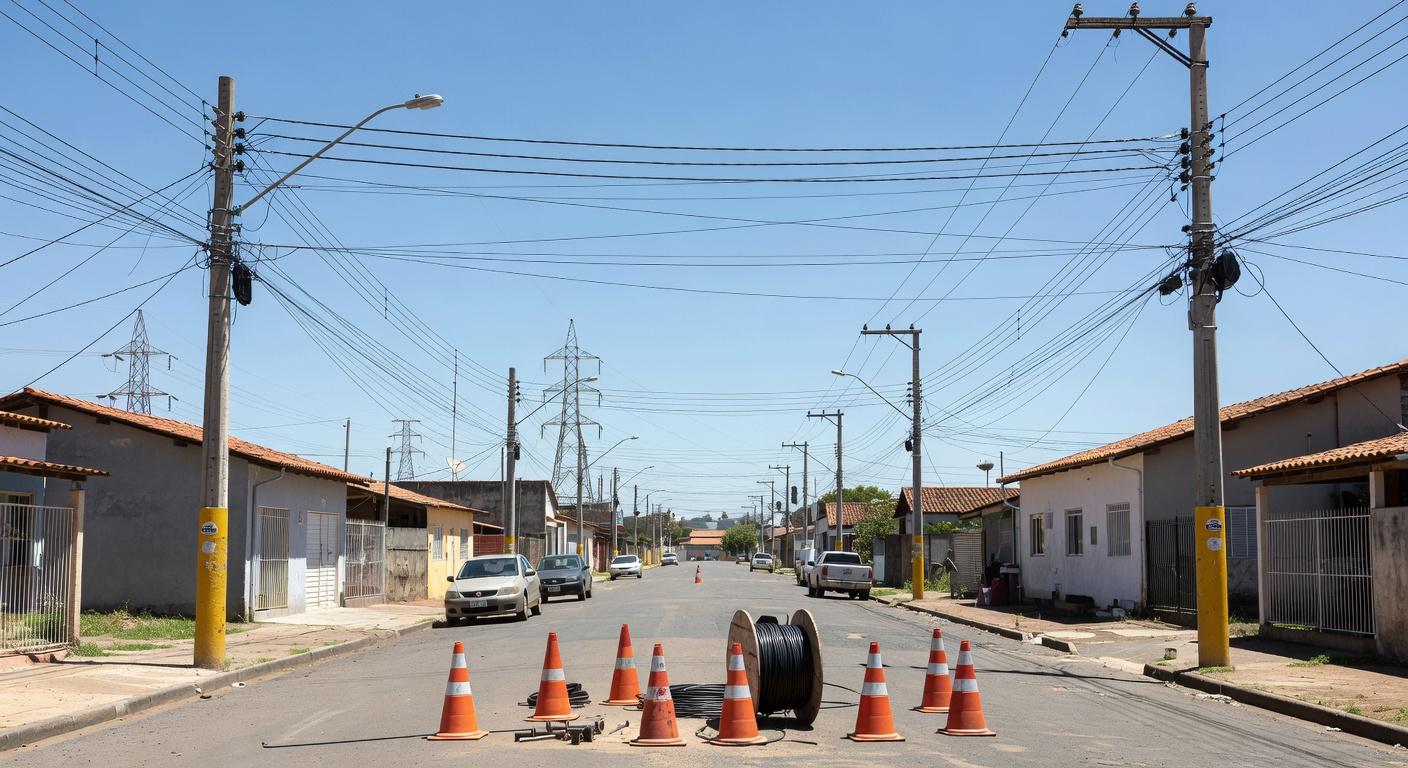 Postes de eletricidade em rua residencial no Paranoá, indicando manutenção programada de energia.
