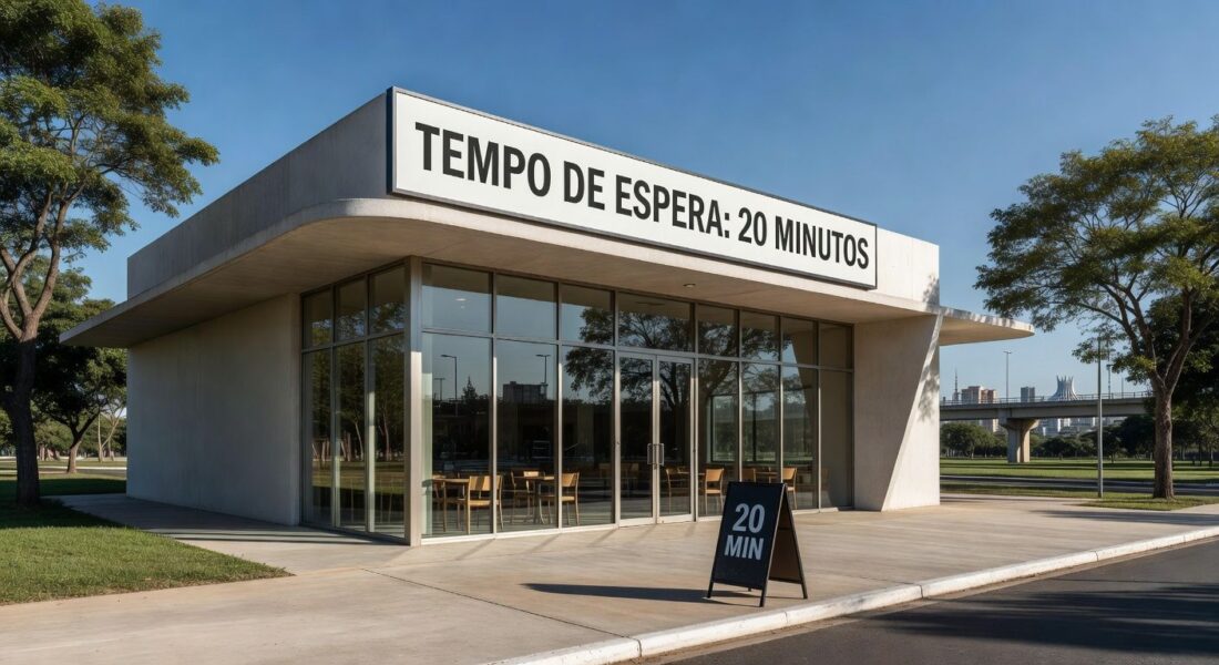 Fachada de restaurante comunitário no Distrito Federal com sinal de fila reduzida para 20 minutos.
